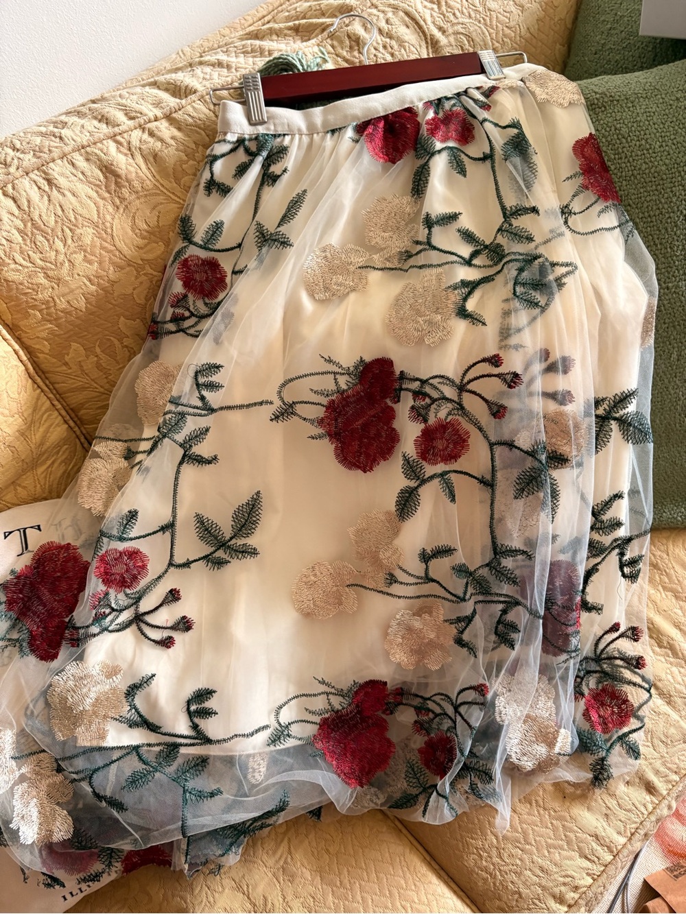 Ivory Tulle Maxi Skirt with Red Rose Embroidery ( NWOT)